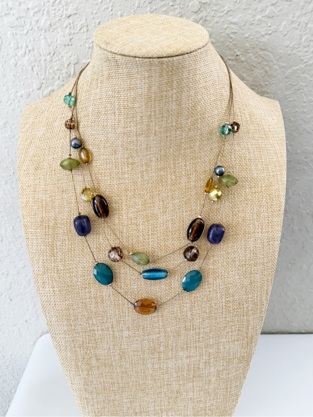 Lia Sophia Gold Tone  Multi Strand Multi Color Beaded Necklace Brown Glass